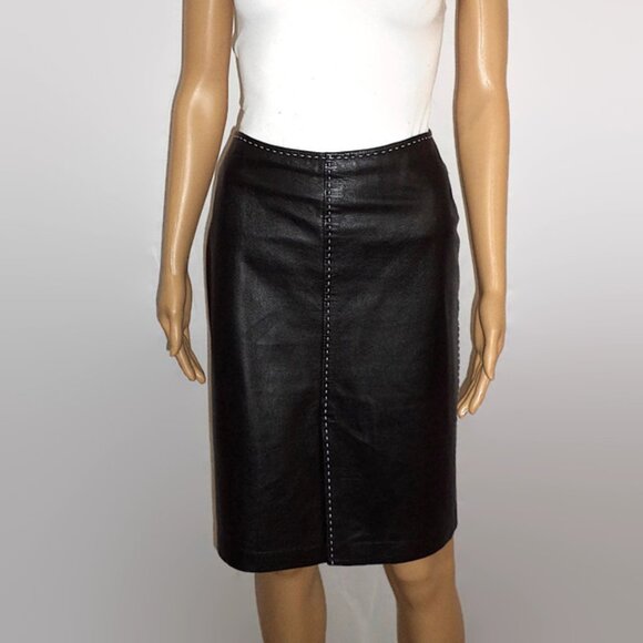 Black Genuine Leather Knee Length Skirt, Sz. 8 - Picture 1 of 6